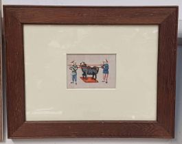 19TH CENTURY CHINESE WATERCOLOUR ON RICE PAPER OF TWO MAN CARRYING A CEREMONIAL BULLOCK - 10 X 14CM
