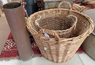 2 WICKER BASKETS & A 1912 DATED BRASS ARTILLERY SHELL Condition Report: 49.