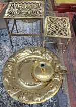 19TH CENTURY PIERCED BRASS TRIVET, BRASS TOPPED TRIVET, ETCHED BRASS CANDLESTICK HOLDER,