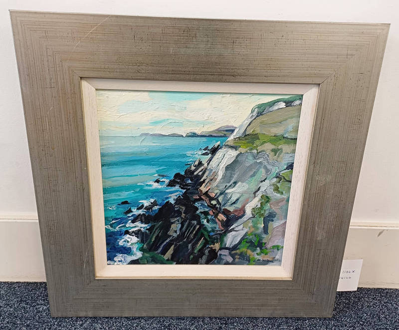 MARY WILSON - (ARR) ROCKY SHORE SIGNED, LABEL TO REVERSE FRAMED OIL ON CANVAS 28.5 X 28.