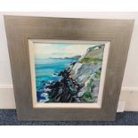 MARY WILSON - (ARR) ROCKY SHORE SIGNED, LABEL TO REVERSE FRAMED OIL ON CANVAS 28.5 X 28.