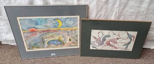 GISELA HORSTKOTTE, IMAGES II & LANDSCAPE WITH BUILDINGS, BOTH SIGNED, 2 FRAMED WATERCOLOURS,