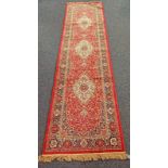 RED GROUND FULL PILE KASHMIR RUNNER FLORAL MEDALLION DESIGN - 300 X 77CM Condition