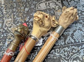 3 MODERN DOG HEADED WALKING STICKS, 1 WITH BRASS HEAD,