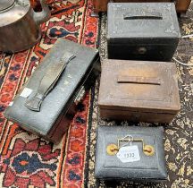2 EARLY 20TH CENTURY LEATHER COVERED KEY BOXES & 2 LEATHER COVERED MONEY BOXES ONE MARKED GOLD &