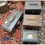 2 EARLY 20TH CENTURY LEATHER COVERED KEY BOXES & 2 LEATHER COVERED MONEY BOXES ONE MARKED GOLD &