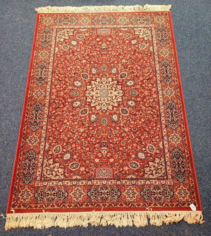 RED & WHITE SUPER KESHAM RUG WITH FLORAL & DIAMOND PATTERN THROUGHOUT,
