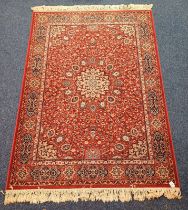 RED & WHITE SUPER KESHAM RUG WITH FLORAL & DIAMOND PATTERN THROUGHOUT,