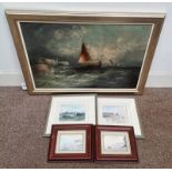 WH WILLIAMSON 'FISHING BOATS OFF CORNWALL' SIGNED FRAMED OIL PAINTING 49 CM X 75 CM,