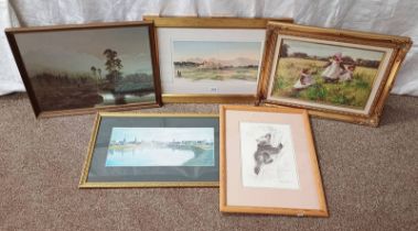 SELECTION OF PRINTS ETC TO INCLUDE ; WILLIAM CLARK, 'PICKING FLOWERS', GILT FRAMED PRINT,