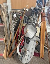 JOHN LETTER GOLF IRONS, ETC IN GOLF BAG, SHEPHERDS CROOK, UMBRELLAS COPPER POSTING HORN,