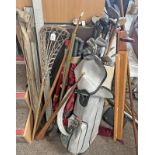 JOHN LETTER GOLF IRONS, ETC IN GOLF BAG, SHEPHERDS CROOK, UMBRELLAS COPPER POSTING HORN,