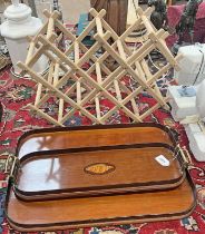 2 BRASS HANDLED INLAID MAHOGANY DRINKS TRAYS WITH INLAID DESIGN,