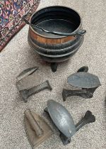 CAST METAL CALDRON WITH COPPER BOUND,