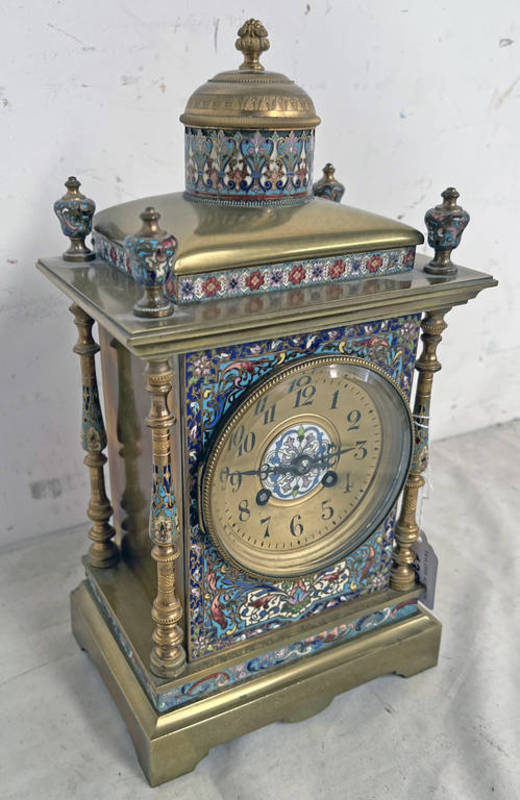 GILT BRASS & CHAMPLEVE ENAMEL MANTLE CLOCK WITH DECORATIVE COLUMNS & DOMED TOP,