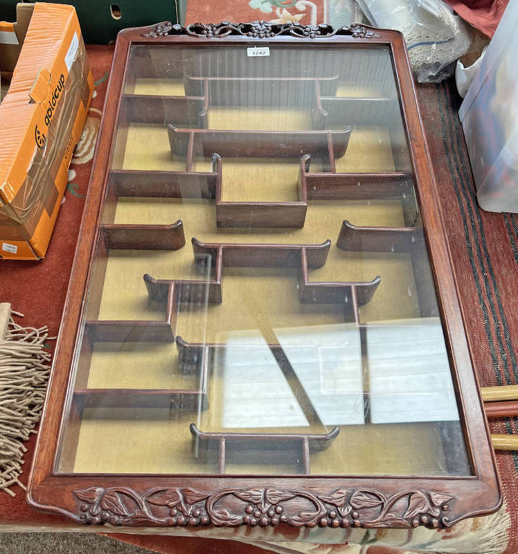 ORIENTAL STYLE WOODEN DISPLAY CABINET, DECORATED WITH FRUIT & LEAVES TO TOP & BOTTOM,