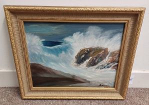 A MILNE 'CRASHING WAVES ON ROCKS' SIGNED FRAMED OIL PAINTING 38.