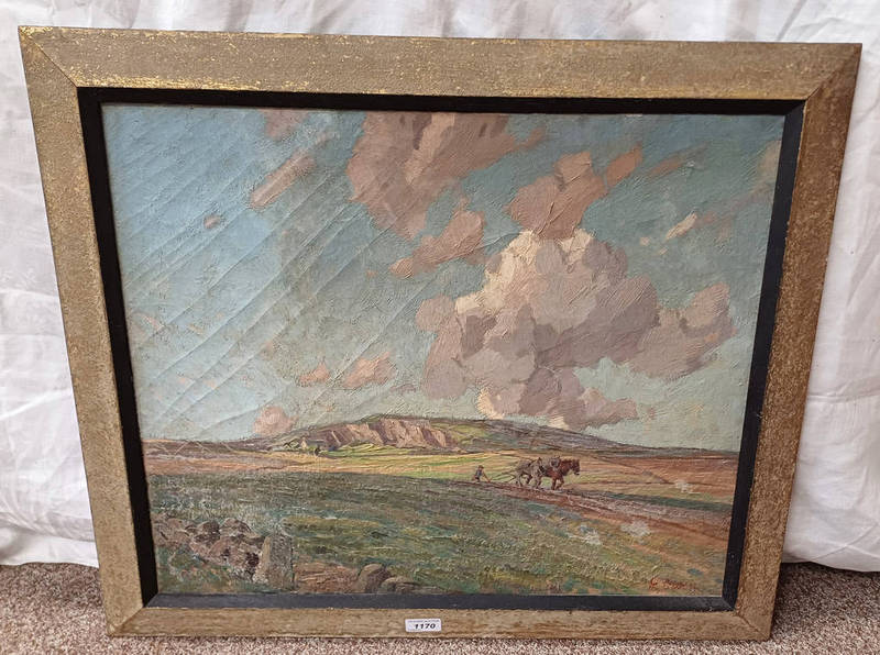 H OWEN PLOUGHING THE FIELDS SIGNED GILT FRAMED OIL ON CANVAS 50 X 60 CM