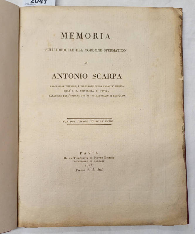 MEMORIA SULL' IDROCELE DEL CORDONE SPERMATICO DI ANTONIO SCARPA - 1823 Condition Report: