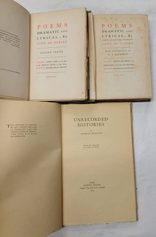UNRECORDED HISTORIES BY CHARLES RICKETTS, LTD EDITION OF 950 COPIES WITH DUST JACKET - 1933,
