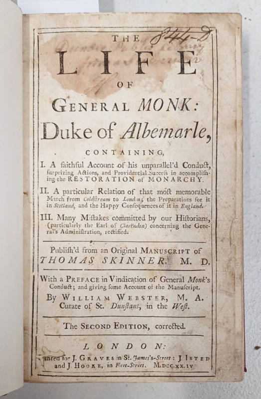 THE LIFE OF GENERAL MONK: DUKE OF ALBEMARLE BY THOMAS SKINNER - 1724