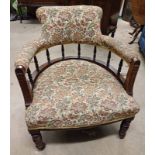 LATE 19TH CENTURY MAHOGANY FRAMED TUB CHAIR ON TURNED SUPPORTS