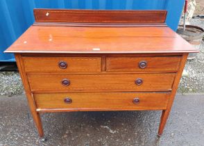 EARLY 20TH CENTURY INLAID MAHOGANY RAIL BACK WASHSTAND WITH 2 SHORT OVER 2 LONG DRAWERS ON SQUARE