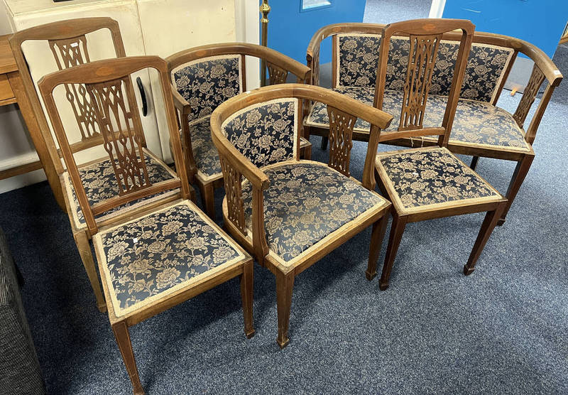 LATE 19TH CENTURY INLAID MAHOGANY 3 PIECE SUITE ON SQUARE TAPERED SUPPORTS & 3 MATCHING HAND CHAIRS