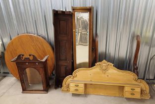 PINE GALLERY WITH CARVED GRAPE DECORATION & 4 DRAWERS, MAHOGANY CLOCK HOOD,