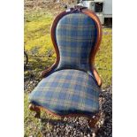19TH CENTURY MAHOGANY FRAMED LADIES CHAIR WITH TARTAN UPHOLSTERY ON CABRIOLE SUPPORTS