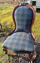 19TH CENTURY MAHOGANY FRAMED LADIES CHAIR WITH TARTAN UPHOLSTERY ON CABRIOLE SUPPORTS