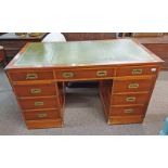 20TH CENTURY CAMPAIGN STYLE YEW TWIN PEDESTAL DESK WITH LEATHER INSET TOP & 3 FRIEZE DRAWERS OVER 2