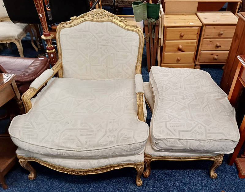 GILT FRAMED OPEN ARMCHAIR ON CABRIOLE SUPPORTS & MATCHING FOOTSTOOL