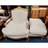 GILT FRAMED OPEN ARMCHAIR ON CABRIOLE SUPPORTS & MATCHING FOOTSTOOL