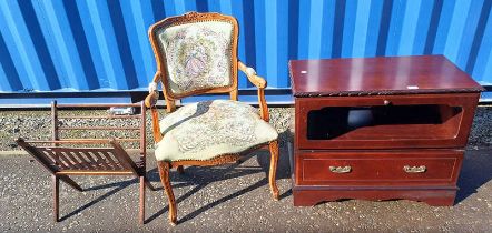 CONTINENTAL STYLE ARMCHAIR WITH FLORAL TAPESTRY BACK & SEAT, FOLDING MAHOGANY MAGAZINE RACK,