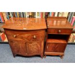 MAHOGANY BOW FRONT CABINET WITH SINGLE DRAWER OVER 2 PANEL DOORS & MAHOGANY BEDSIDE WITH SINGLE