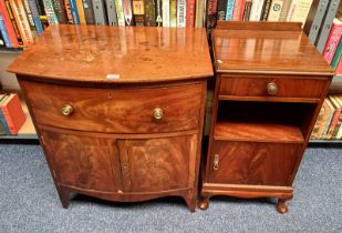 MAHOGANY BOW FRONT CABINET WITH SINGLE DRAWER OVER 2 PANEL DOORS & MAHOGANY BEDSIDE WITH SINGLE