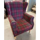 OVERSTUFFED WINGBACK ARMCHAIR WITH TARTAN PATTERN,