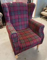 OVERSTUFFED WINGBACK ARMCHAIR WITH TARTAN PATTERN,