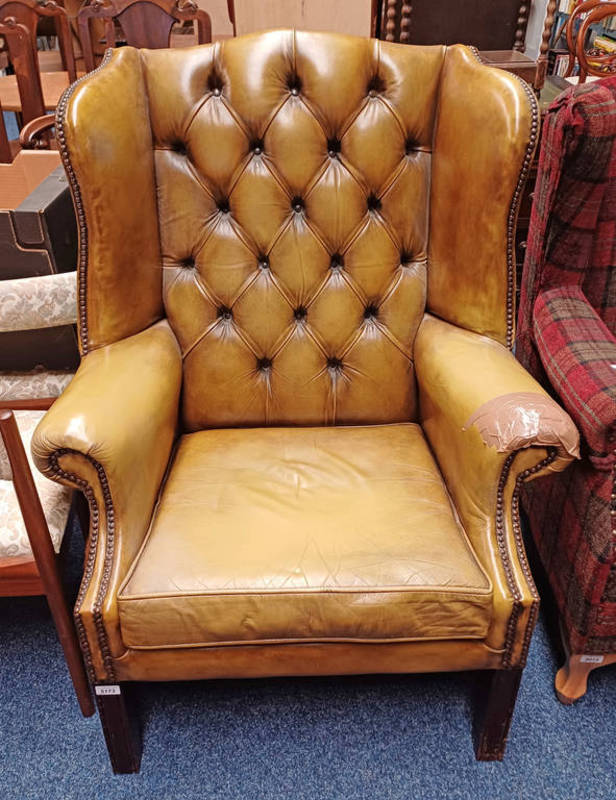 GREEN LEATHER BUTTONED WINGBACK ARMCHAIR ON SQUARE MAHOGANY SUPPORTS