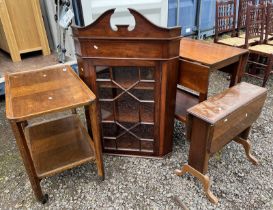 MAHOGANY CORNER CABINET WITH SINGLE ASTRAGAL GLASS PANEL DOOR, 2 TROLLEYS,