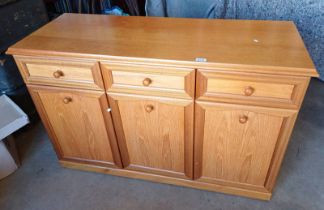 TEAK SIDEBOARD WITH 3 DRAWERS OVER 3 PANEL DOORS - 77CM TALL X 120 CM LONG