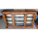 19TH CENTURY INLAID WALNUT BREAK FRONT CREDENZA WITH GILT ORMOLU MOUNTS & 3 GLAZED PANEL DOORS