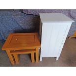 NEST OF 2 MORRIS OAK TABLES WITH INSET TOPS & WHITE CABINET