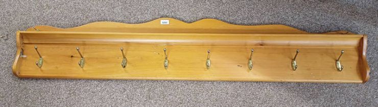 PINE COAT RACK WITH 8 GILDED METAL COAT HOOKS,