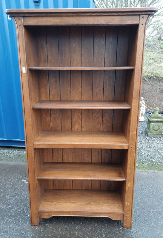 OAK OPEN BOOKCASE LABELLED SHERRY TO SIDE - 190 CM TALL X 106 CM WIDE