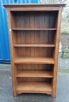 OAK OPEN BOOKCASE LABELLED SHERRY TO SIDE - 190 CM TALL X 106 CM WIDE