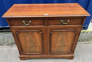 MAHOGANY SIDE CABINET WITH 2 DRAWERS OVER 2 PANEL DOORS - 73 CM TALL X 94 CM WIDE