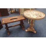 RUSTIC PINE RECTANGULAR JOINT STOOL & ALABASTER PEDESTAL TABLE WITH ORIENTAL DECORATION