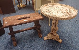 RUSTIC PINE RECTANGULAR JOINT STOOL & ALABASTER PEDESTAL TABLE WITH ORIENTAL DECORATION